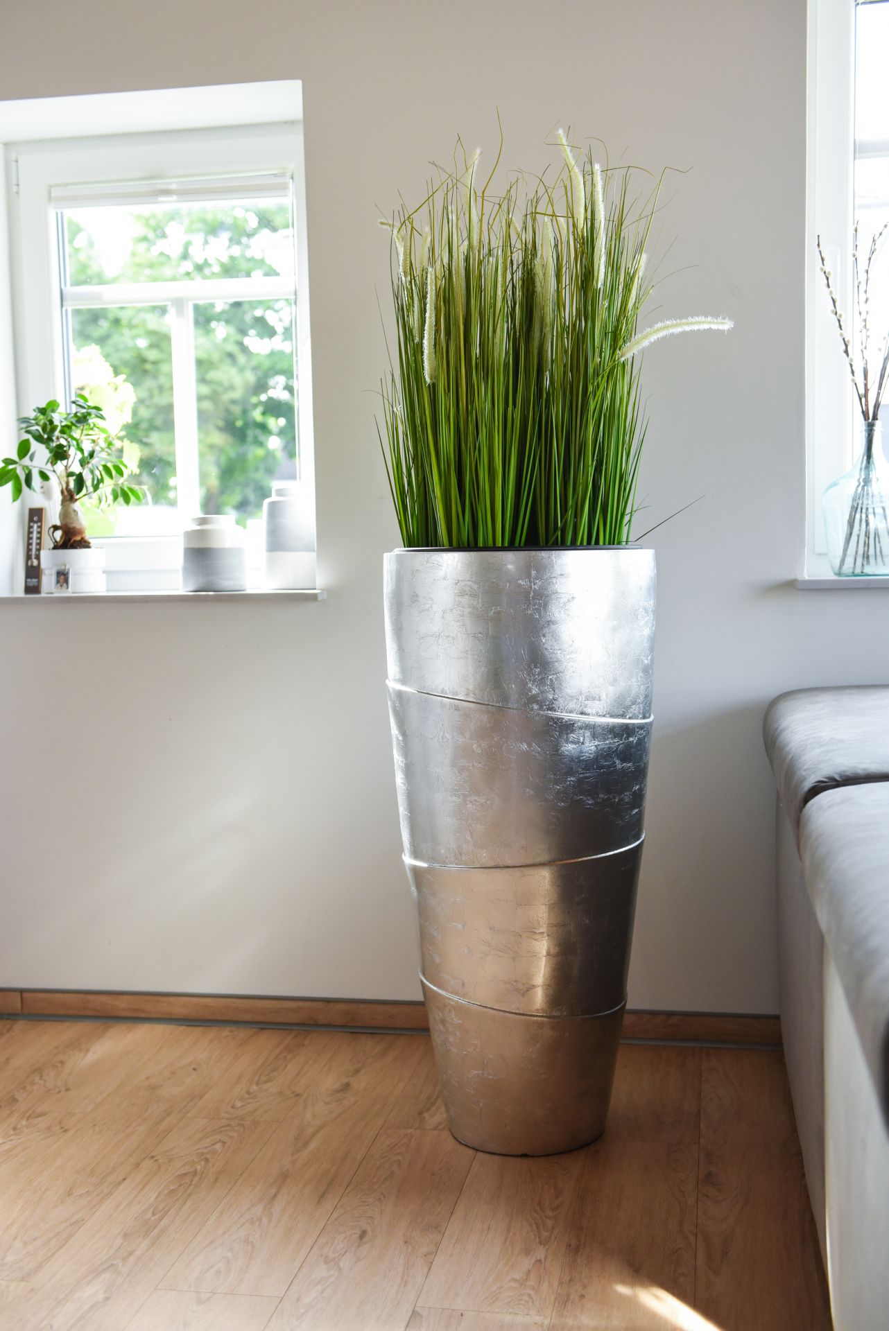 Exklusiver Blumenkübel Pflanzkübel Fiberglas "Moena" 100 cm, Silber