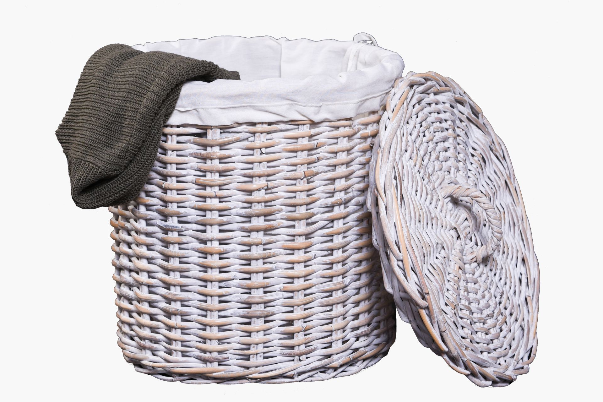 runder Wäschekorb Wäschebox Korb "Tellu" Rattan 45 cm hoch, Shabby Weiß