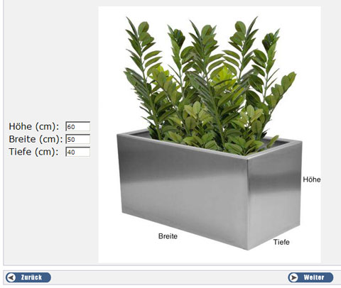 pflanzkübel-Konfiguration: Maße eingeben