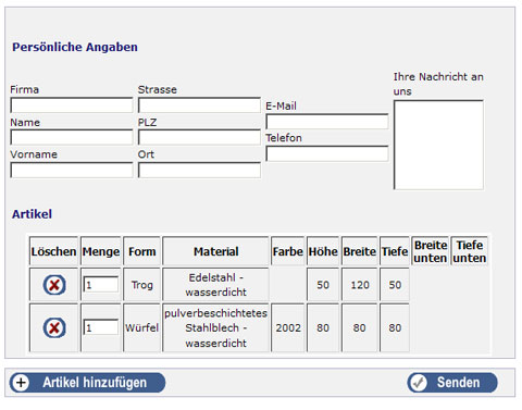 Eingabe persönlicher Daten und Tabelle angefragter Pflanzkübel